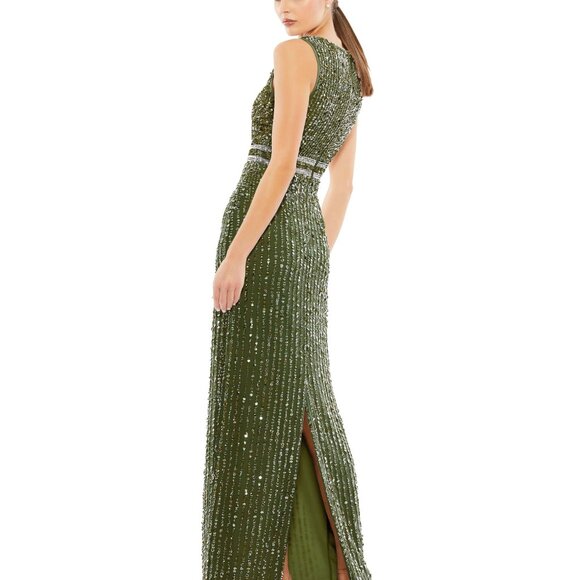 NWT Mac Duggal Sequined High Neck Sleeveless Column Gown Olive Green sz 12 93603 - Picture 6 of 10